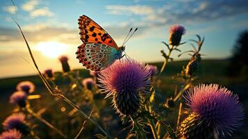 Bright orange butterfly perches on wildflowers under the evening sky. silhouette concept photo