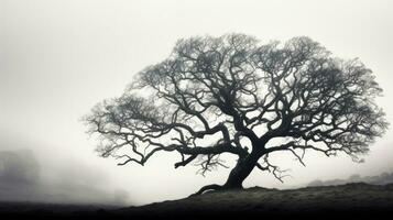 Foggy day silhouette of an ancient oak tree photo