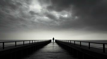 Man on pier observing monochromatic seascape. silhouette concept photo