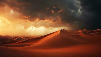 Stunning stormy clouds above Sahara s beautiful sand dunes in Morocco. silhouette concept photo