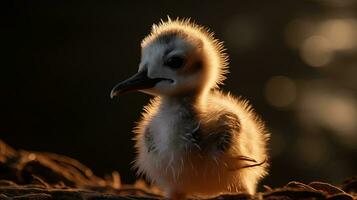 Magnified picture of a young adorable seagull with sharp eyesight brown feathers big beak and dark eyes. silhouette concept photo