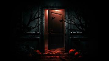 Halloween themed room with an open door in darkness. silhouette concept photo