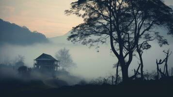 Vintage appearance of Thai hill Khao Krachom displaying fog trees and house. silhouette concept photo