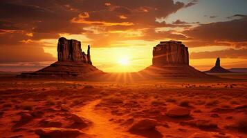 verano amanecer en Monumento Valle Arizona. silueta concepto foto