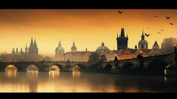 amanecer en el checo república a Charles puente en Praga s antiguo ciudad. silueta concepto foto