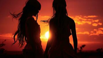 Two girls silhouettes during sunset photo