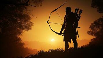a silhouette of a man holding a bow and arrow photo