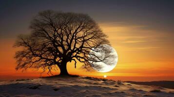 Silhouetted oak tree at sunset with full moon against golden sky in winter photo