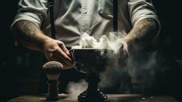 fotografía de estilista s manos con cuenco de afeitado espuma y de madera cepillo hombre en negro guantes a interior peluquería. silueta concepto foto