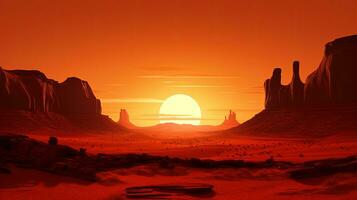 Sunrise in Monument Valley with silhouetted rocks against an orange sky photo