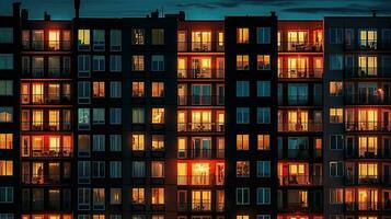 iluminado ventanas de alto Departamento edificio a noche urbano fondo. silueta concepto foto