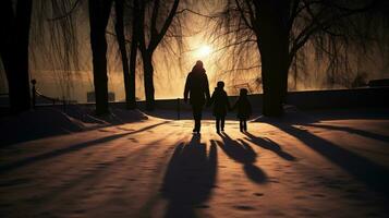 Winter brings a shadow to the family. silhouette concept photo