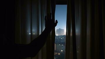 Man peeking through curtain onto city street in dim lighting. silhouette concept photo