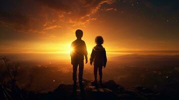 The sun sets behind a hill where two children stand. silhouette concept photo