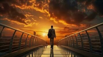Businessman walking on bridge at sunset. silhouette concept photo