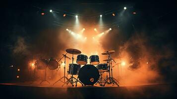 Live drum on stage with spotlights illuminating smoke music and concert background. silhouette concept photo