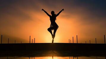 Athletic women doing high kicks by the pool in the morning mist. silhouette concept photo