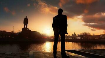 Statue of British singer Billy Fury on Liverpool s Albert Dock. silhouette concept photo