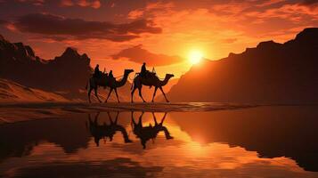 jinetes en camellos durante puesta de sol. silueta concepto foto