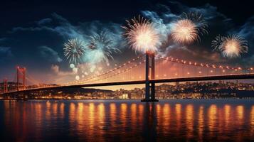 Fireworks illuminate Istanbul Bridge over Bosphorus in Turkey. silhouette concept photo