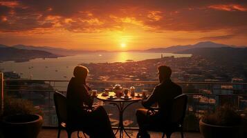 Evening tea in Istanbul at sunset. silhouette concept photo