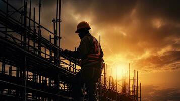 A construction worker focused on safety and heavy industry projects on site. silhouette concept photo