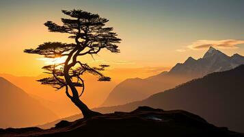 Sunrise in Nepal s Himalayas reveals a solitary tree standing proudly. silhouette concept photo
