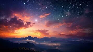 Sunset clouds with fiery hues moon and stars above a mountain outline. silhouette concept photo