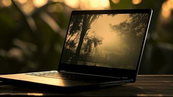 Laptop focused on closest area. silhouette concept photo