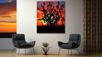 Arizona desert in United States has a vibrant sunrise with cactus tree silhouettes photo