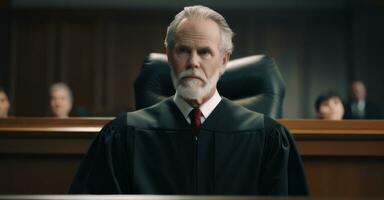 juez preside en sala de justicia, listo mazo. foto