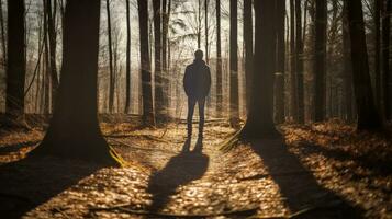 hombre s sombra en luz de sol en medio de arboles o bosque. silueta concepto foto