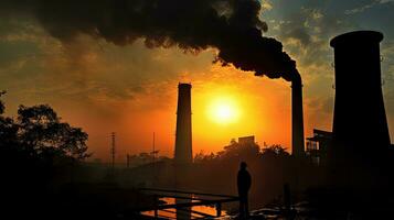 This photo shows a coal boiler installation with a tall chimney taken at a Semarang factory. silhouette concept