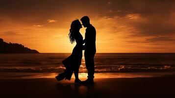 Young couple passionately kissing on a deserted shoreline. silhouette concept photo