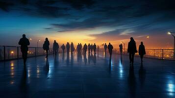 Twilight walkway with blurred silhouettes of walking people photo