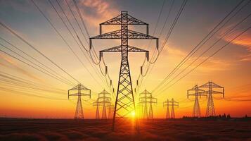 Sunset view of high voltage electric transmission tower. silhouette concept photo