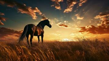 Equine in the open area. silhouette concept photo