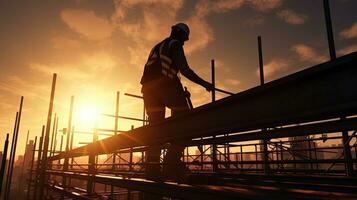 un construcción trabajador enfocado en la seguridad y pesado industria proyectos en sitio. silueta concepto foto