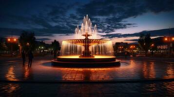 Evening city of Sovetsk in Kaliningrad region with a new illuminated fountain seen from below. silhouette concept photo