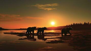 oso pardo oso familia busca salmón desayuno por el playa en Katmai nacional parque Alaska. silueta concepto foto