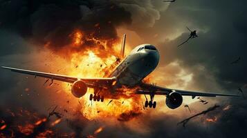 Dangerous situation leads to plane crash in the air. silhouette concept photo