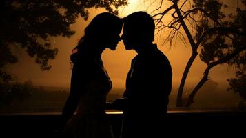 Engaged couple kissing silhouette photo