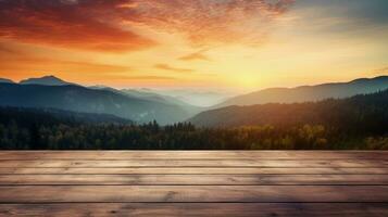 puesta de sol con rayos colorante colinas de madera mesa al aire libre. silueta concepto foto