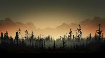 Pine trees cleared forest area against cloudy sky at dusk. silhouette concept photo