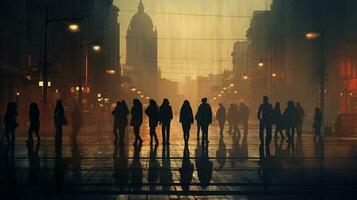 Silhouetted pedestrians crossing city center road photo