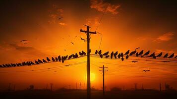 Many birds on electric power line. silhouette concept photo