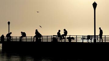 Black and white photograph of people resting on a sea pier. silhouette concept photo