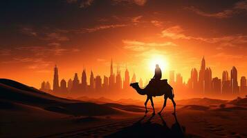 Camel crossing desert with Dubai skyline blending modern and traditional UAE. silhouette concept photo