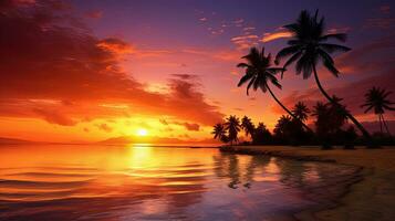 silhouettes of palm trees on a tropical beach at sunset photo