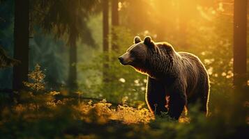 ursus arctos en natural habitat durante verano temporada con verde bosque antecedentes a puesta de sol. silueta concepto foto